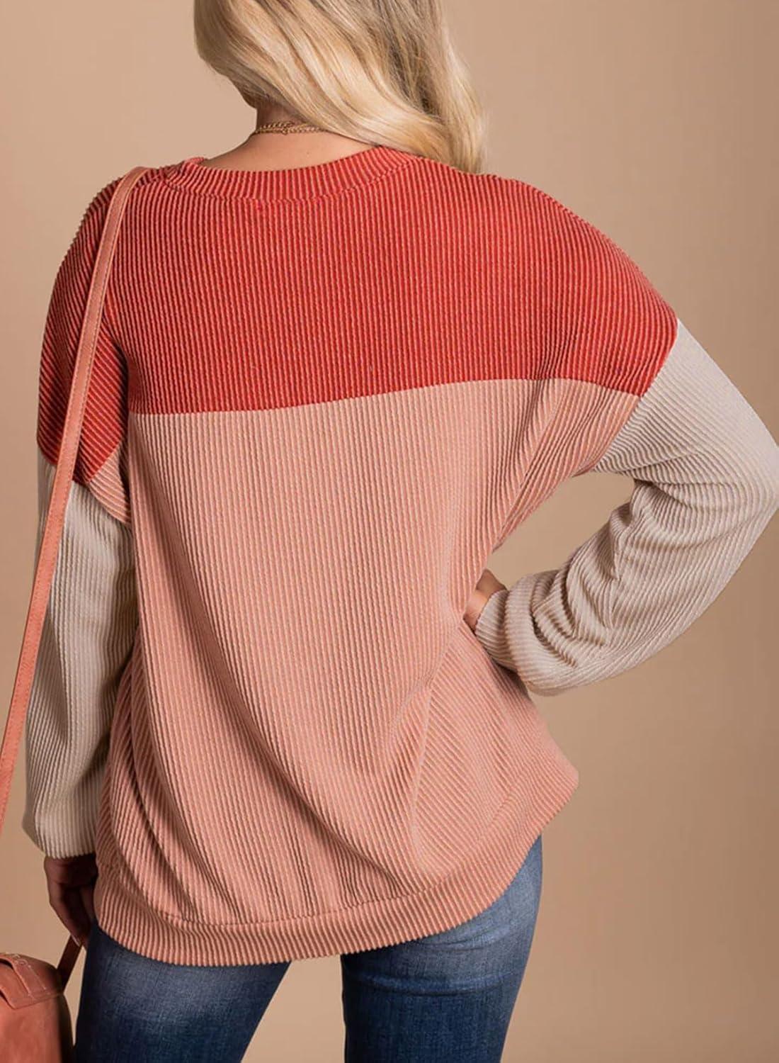 imageEVALESS Womens Long Sleeve Crewneck Shirts Tops Color Block Lightweight Oversized Loose Fit TopB Coral