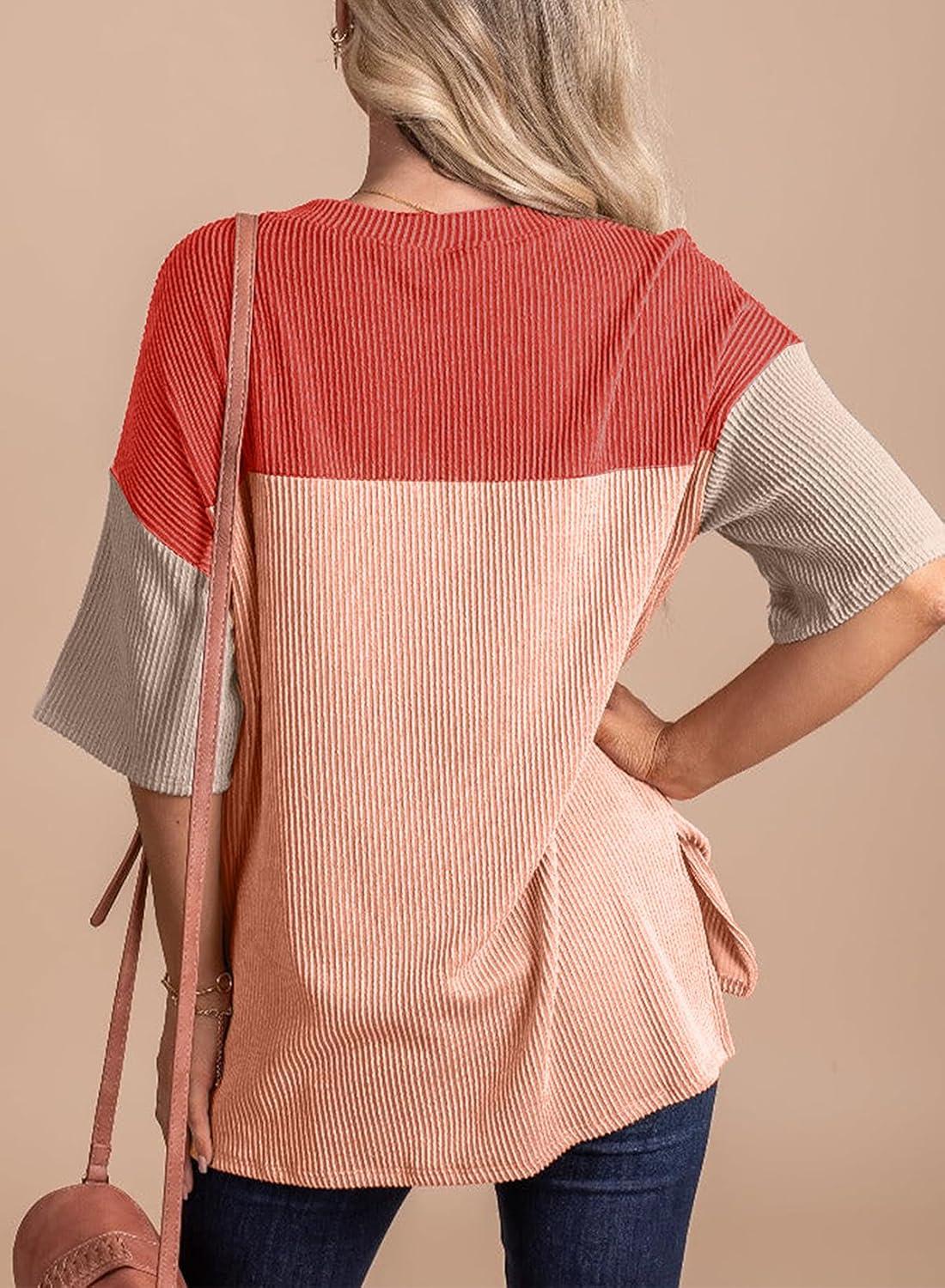 imageEVALESS Womens Summer Short Sleeve Crewneck Shirts Tops Color Block Lightweight Tee Shirt TopB Coral Red
