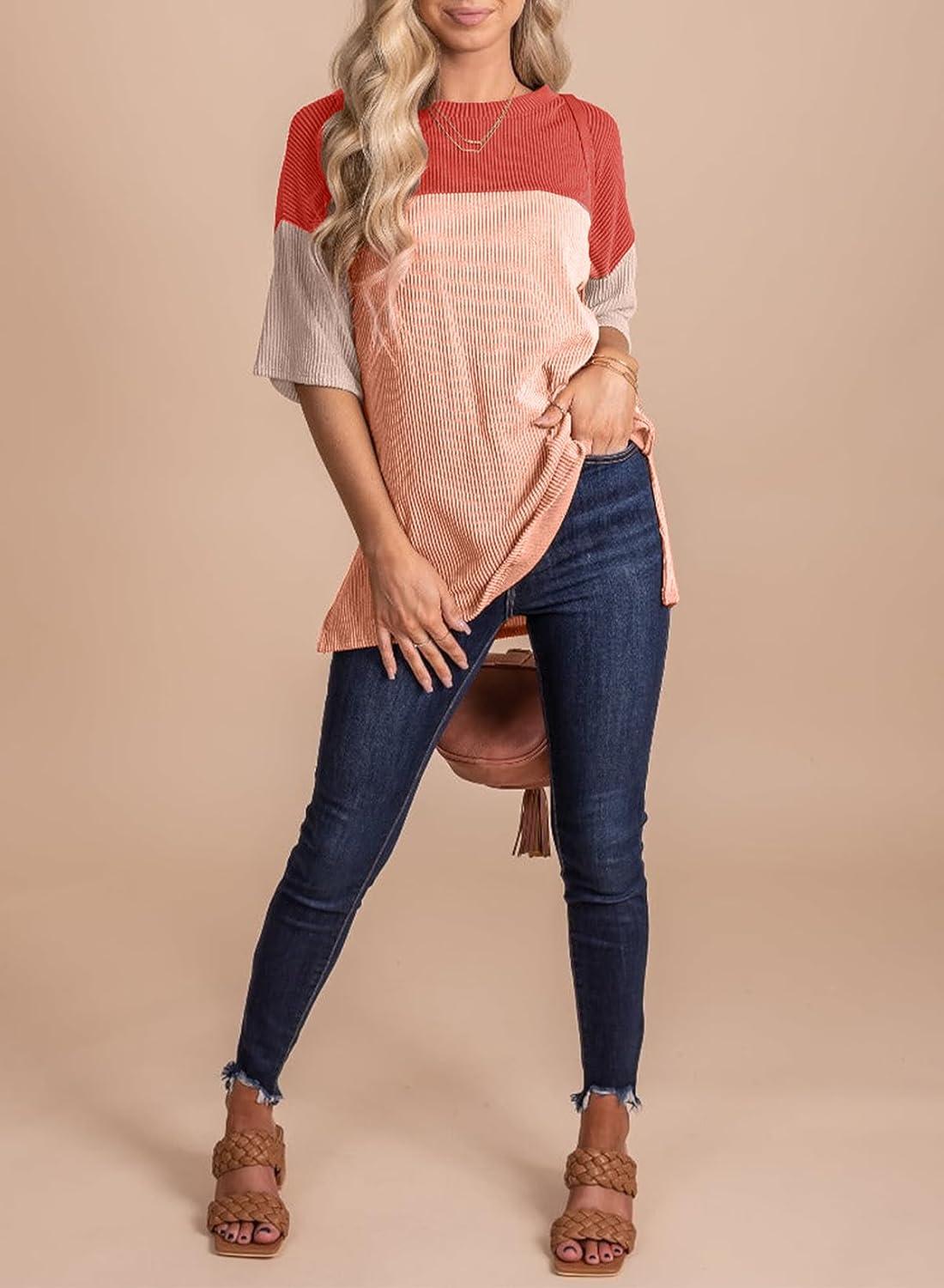 imageEVALESS Womens Summer Short Sleeve Crewneck Shirts Tops Color Block Lightweight Tee Shirt TopB Coral Red