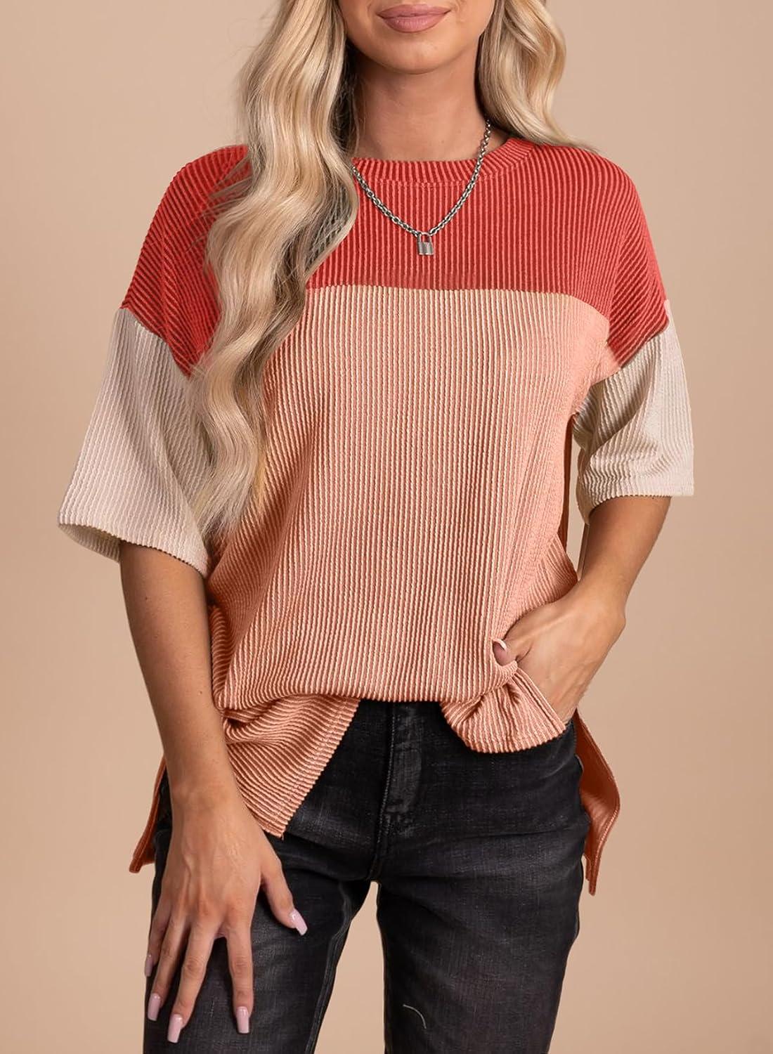 imageEVALESS Womens Summer Short Sleeve Crewneck Shirts Tops Color Block Lightweight Tee Shirt TopB Coral Red