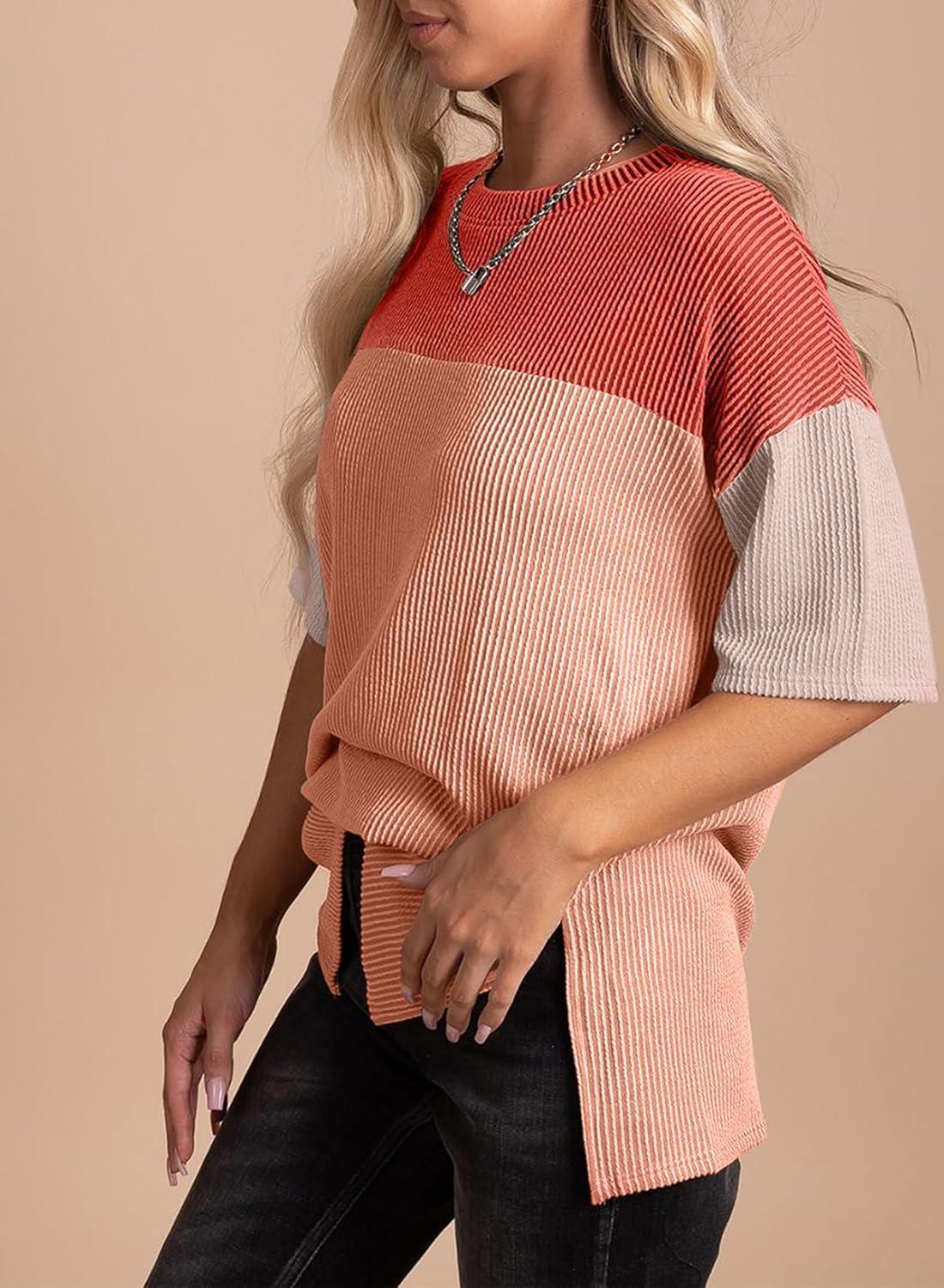 imageEVALESS Womens Summer Short Sleeve Crewneck Shirts Tops Color Block Lightweight Tee Shirt TopB Coral Red