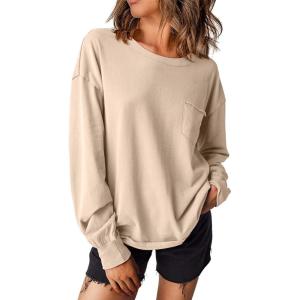 imageEVALESS Long Sleeve Shirts for Women Spring Summer Fashion 2025 Cotton Crewneck Tops Oversized Tshirts Basic Tee ShirtsKhaki