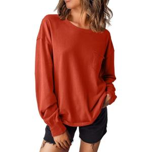imageEVALESS Long Sleeve Shirts for Women Spring Summer Fashion 2025 Cotton Crewneck Tops Oversized Tshirts Basic Tee ShirtsRed