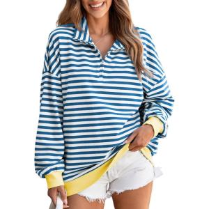 imageEVALESS Oversized Sweatshirt for Women 2024 Fall Outfits Fashion Long Sleeve Shirts Striped Quarter Zip Pullover TopsB Sky Blue Stripe