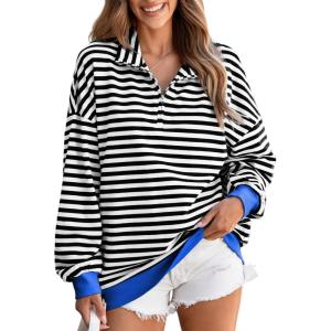 imageEVALESS Oversized Sweatshirt for Women 2024 Fall Outfits Fashion Long Sleeve Shirts Striped Quarter Zip Pullover TopsBlack Stripe