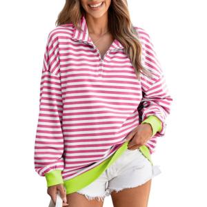 imageEVALESS Oversized Sweatshirt for Women 2024 Fall Outfits Fashion Long Sleeve Shirts Striped Quarter Zip Pullover TopsD Bright Pink Stripe