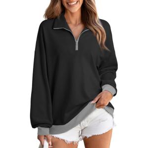 imageEVALESS Oversized Sweatshirt for Women 2024 Fall Outfits Fashion Long Sleeve Shirts Striped Quarter Zip Pullover TopsE Black
