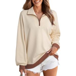 imageEVALESS Oversized Sweatshirt for Women 2024 Fall Outfits Fashion Long Sleeve Shirts Striped Quarter Zip Pullover TopsE Cream Color