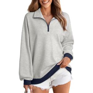 imageEVALESS Oversized Sweatshirt for Women 2024 Fall Outfits Fashion Long Sleeve Shirts Striped Quarter Zip Pullover TopsE Light Grey
