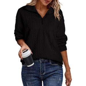 imageEVALESS Sweatshirt for Women Casual Long Sleeve Quarter Zip Pullover Textured Tops 2024 Fall Clothes with PocketsBlack