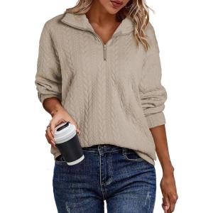 imageEVALESS Sweatshirt for Women Casual Long Sleeve Quarter Zip Pullover Textured Tops 2024 Fall Clothes with PocketsKhaki