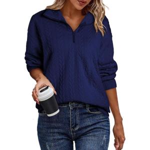 imageEVALESS Sweatshirt for Women Casual Long Sleeve Quarter Zip Pullover Textured Tops 2024 Fall Clothes with PocketsNavy Blue