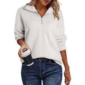 imageEVALESS Sweatshirt for Women Casual Long Sleeve Quarter Zip Pullover Textured Tops 2024 Fall Clothes with PocketsWhite