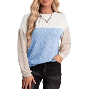 imageEVALESS Womens Long Sleeve Crewneck Shirts Tops Color Block Lightweight Oversized Loose Fit TopB Blue