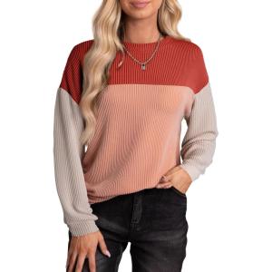imageEVALESS Womens Long Sleeve Crewneck Shirts Tops Color Block Lightweight Oversized Loose Fit TopB Coral