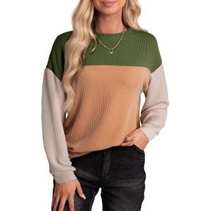 imageEVALESS Womens Long Sleeve Crewneck Shirts Tops Color Block Lightweight Oversized Loose Fit TopB Dark Green