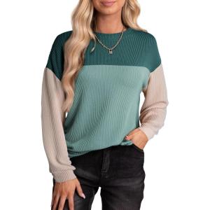 imageEVALESS Womens Long Sleeve Crewneck Shirts Tops Color Block Lightweight Oversized Loose Fit TopB Green