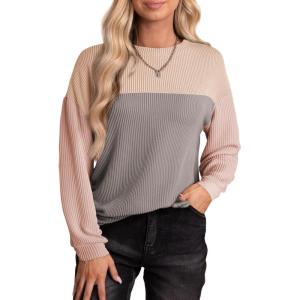 imageEVALESS Womens Long Sleeve Crewneck Shirts Tops Color Block Lightweight Oversized Loose Fit TopB Grey