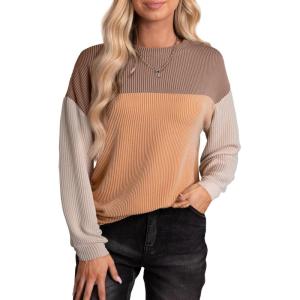 imageEVALESS Womens Long Sleeve Crewneck Shirts Tops Color Block Lightweight Oversized Loose Fit TopB Khaki