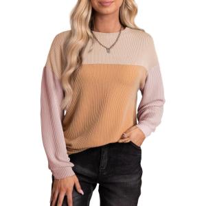 imageEVALESS Womens Long Sleeve Crewneck Shirts Tops Color Block Lightweight Oversized Loose Fit TopB Light Khaki