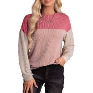 imageEVALESS Womens Long Sleeve Crewneck Shirts Tops Color Block Lightweight Oversized Loose Fit TopB Pink