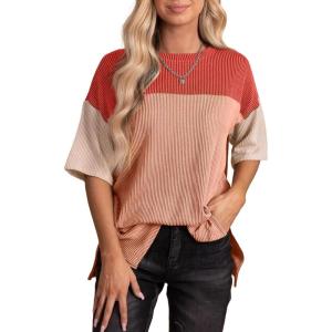 imageEVALESS Womens Summer Short Sleeve Crewneck Shirts Tops Color Block Lightweight Tee Shirt TopB Coral Red