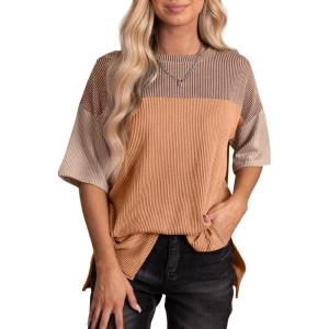 imageEVALESS Womens Summer Short Sleeve Crewneck Shirts Tops Color Block Lightweight Tee Shirt TopB Khaki