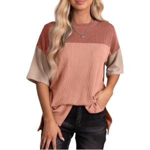 imageEVALESS Womens Summer Short Sleeve Crewneck Shirts Tops Color Block Lightweight Tee Shirt TopB Light Brown