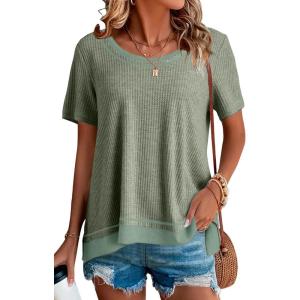 imageEVALESS Womens Waffle Knit Tops Summer Lightweight Oversized Short Sleeve Crewneck Tunic Shirts TopsB Avocado Green