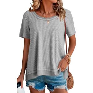 imageEVALESS Womens Waffle Knit Tops Summer Lightweight Oversized Short Sleeve Crewneck Tunic Shirts TopsB Grey