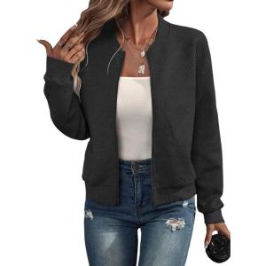 imageEVALESS Womens Casual Coat Bomber Jackets for Women Trendy 2025 Stand Collar Zip Up Lightweight Outwear Fall Short Jacket Outfits with Pockets Small Black