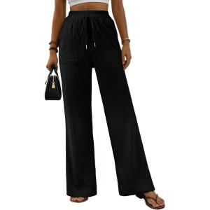 imageEVALESS Women Corduroy Pants Wide Leg Casual High Waisted Straight Leg Baggy TrousersBlack