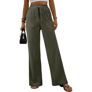 imageEVALESS Women Corduroy Pants Wide Leg Casual High Waisted Straight Leg Baggy TrousersJungle Green