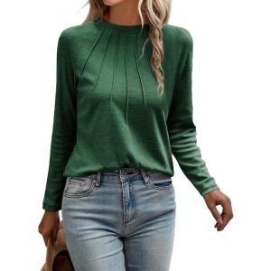 imageEVALESS Womens Casual Spring Summer Tops 2025 Trendy Crewneck Long Sleeve Shirts Basic T Shirts Loose Fit Pleated Tee BlousesBlackish Green