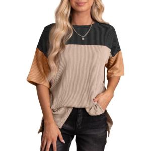 imageEVALESS Womens Summer Short Sleeve Crewneck Shirts Tops Color Block Lightweight Tee Shirt TopB Black