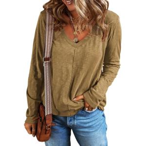 imageEVALESS Womens Tops Fashion V Neck Long Sleeve Shirts Casual Fall Outfits Basic T Shirts Blouses Top Womens ClothingYellow