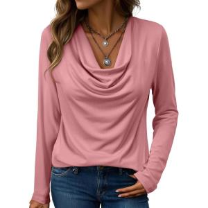 imageEVALESS Womens Tops Trendy 2025 Fall Cowl Neck Shirts Long Sleeve Teacher Clothes Office Business Dressy Casual OutfitsApricot Pink