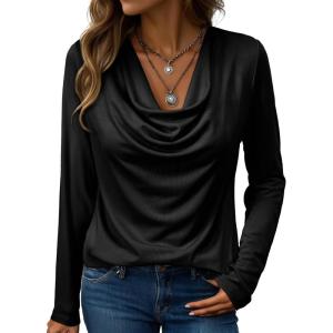 imageEVALESS Womens Tops Trendy 2025 Fall Cowl Neck Shirts Long Sleeve Teacher Clothes Office Business Dressy Casual OutfitsBlack