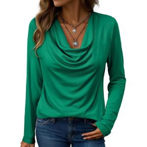 imageEVALESS Womens Tops Trendy 2025 Fall Cowl Neck Shirts Long Sleeve Teacher Clothes Office Business Dressy Casual OutfitsBlackish Green