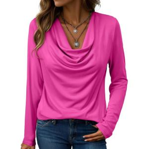 imageEVALESS Womens Tops Trendy 2025 Fall Cowl Neck Shirts Long Sleeve Teacher Clothes Office Business Dressy Casual OutfitsBright Pink