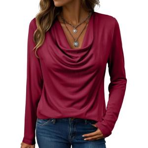 imageEVALESS Womens Tops Trendy 2025 Fall Cowl Neck Shirts Long Sleeve Teacher Clothes Office Business Dressy Casual OutfitsBurgundy