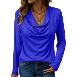 imageEVALESS Womens Tops Trendy 2025 Fall Cowl Neck Shirts Long Sleeve Teacher Clothes Office Business Dressy Casual OutfitsDark Blue