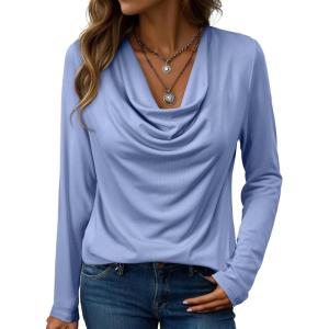 imageEVALESS Womens Tops Trendy 2025 Fall Cowl Neck Shirts Long Sleeve Teacher Clothes Office Business Dressy Casual OutfitsSky Blue