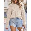 imageEVALESS Sweaters for Women Trendy Crewneck Long Sleeve Color Block Sweater Tops Fall 2025 Chunky Cable Knit Pullover SweatersBeige