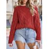 imageEVALESS Sweaters for Women Trendy Crewneck Long Sleeve Color Block Sweater Tops Fall 2025 Chunky Cable Knit Pullover SweatersRed