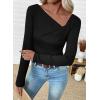imageEVALESS Women Long Sleeve Pleated V Neck Rib Knit Slim Fit Shirts Basic Tops 2025 Casual TShirt Going Out Workout OutfitsBlack