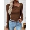 imageEVALESS Women Long Sleeve Pleated V Neck Rib Knit Slim Fit Shirts Basic Tops 2025 Casual TShirt Going Out Workout OutfitsCoffee