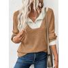 imageEVALESS Womens Fall Fashion 2025 Womens Long Sleeve Shirts Patchwork Button Up V Neck Sweatshirt Casual Pullover TopsCamel