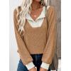 imageEVALESS Womens Fall Fashion 2025 Womens Long Sleeve Shirts Patchwork Button Up V Neck Sweatshirt Casual Pullover TopsCamel