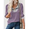 imageEVALESS Womens Fall Fashion 2025 Womens Long Sleeve Shirts Patchwork Button Up V Neck Sweatshirt Casual Pullover TopsPurple